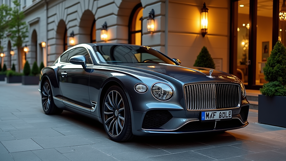 Wide angle view of a luxury car parked outside a hotel entrance