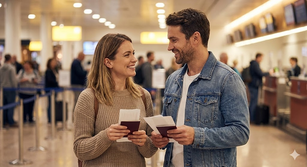 A smiling couple holds passports at an airport check-in area. They're dressed casually in brown and denim, with a busy terminal behind them.