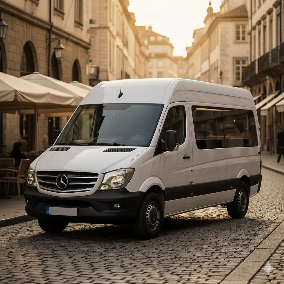 A white Mercedes-Benz Sprinter passenger minibus for group airport transfers, parked on a cobblestone street.