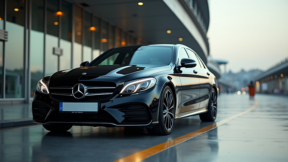 Eye-level view of a sleek black car waiting outside Istanbul Airport terminal