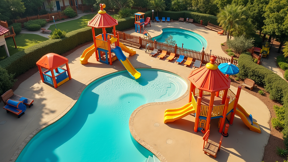 High angle view of a family-friendly resort playground with colorful equipment