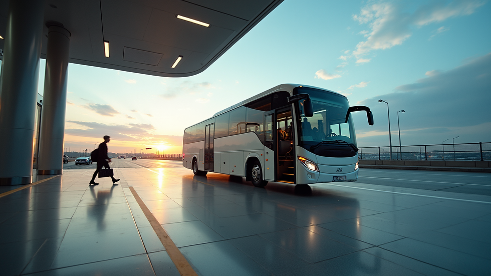 Wide angle view of a shuttle bus arriving at Istanbul Airport terminal