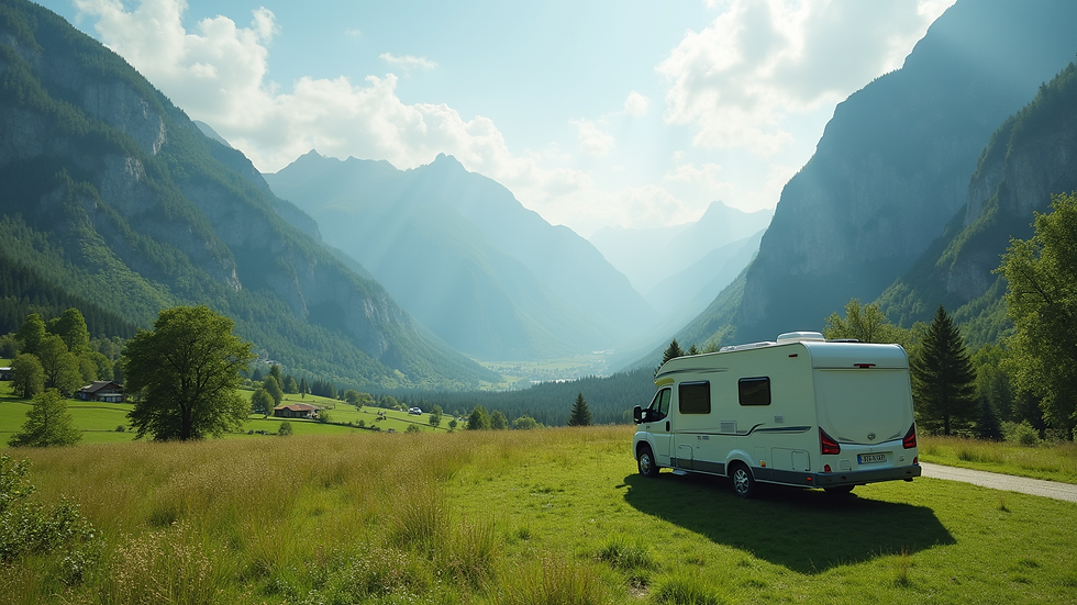 High angle view of caravan parked in a green valley with mountains in the background