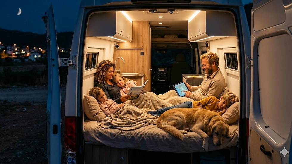 Family of four and a dog relax in a lit camper van under a crescent moon. Parents read to kids, creating a cozy, warm atmosphere.