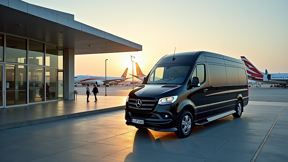 High angle view of a luxury van parked outside Antalya airport terminal