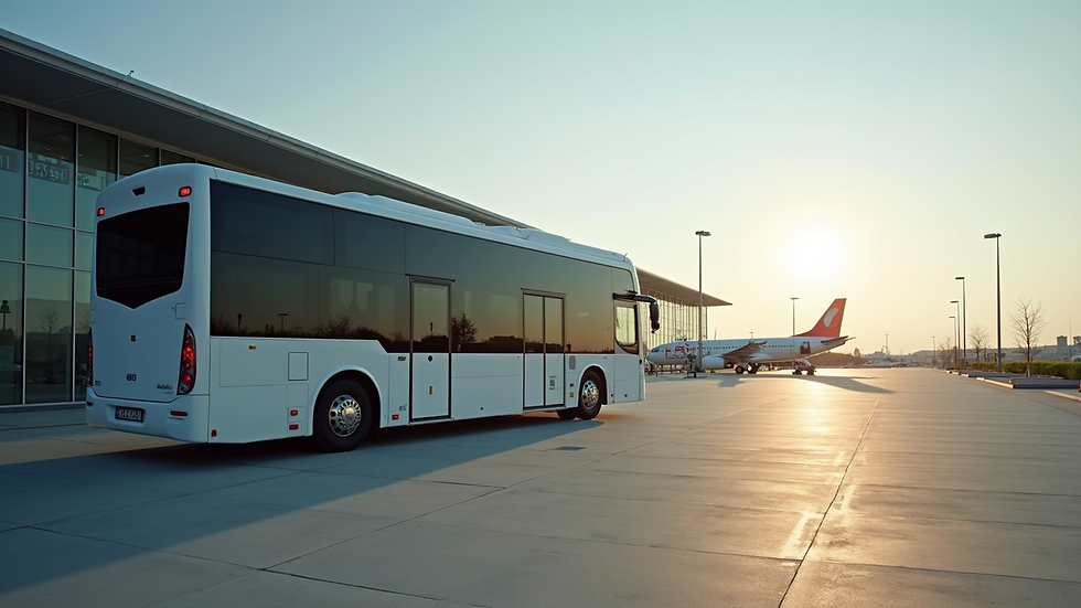 Wide angle view of a modern airport shuttle bus parked at Antalya Airport