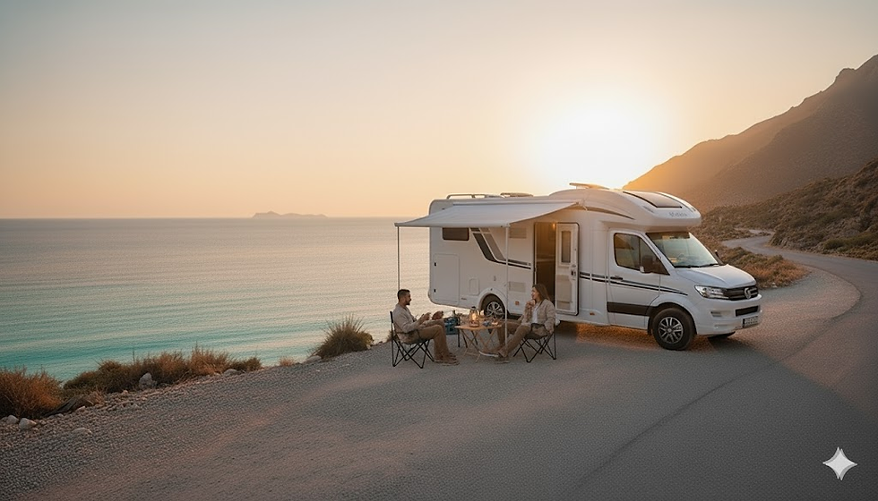 Camper van on coastal road at sunset. Two people sit on chairs beside it, enjoying the view. Ocean, hills, and warm colors in background.