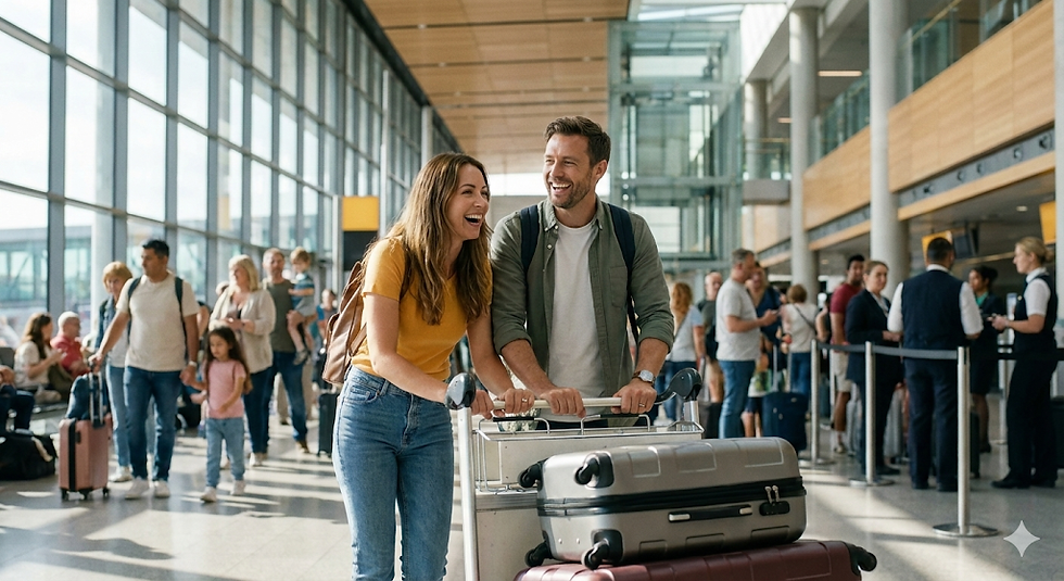 A smiling couple with luggage walks through a busy airport. Sunlight streams through large windows. The mood is cheerful and lively.