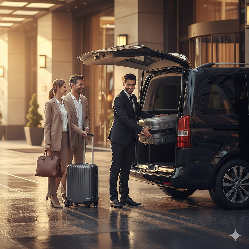 A smiling man loads silver luggage into a van while a couple stands nearby. They are in a hotel entrance with warm lighting.