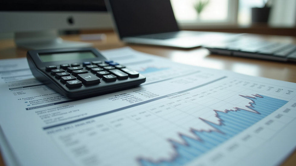 High angle view of a calculator and financial documents on a desk