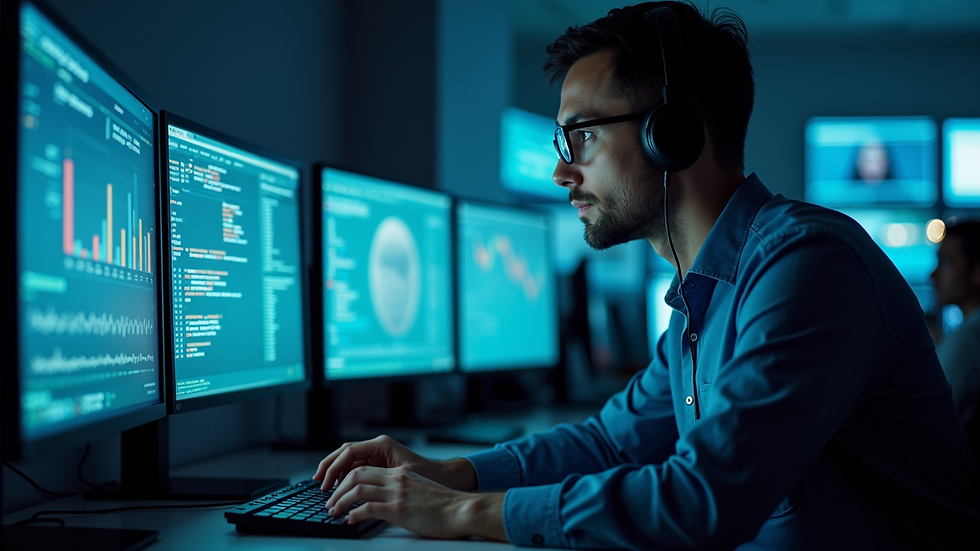 Eye-level view of a cybersecurity expert analyzing data on multiple monitors
