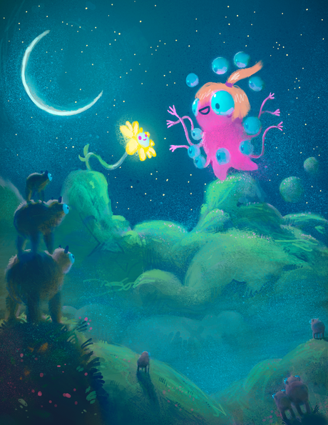 Kinderbuchillustration, Childrensbookillustration, big eyes, goggly eyes, round eyes VisDev, Illustration, Cute Animals, Illustrator, Animal Illustrator, great Illustration, Cover Art, Buch Cover, Süß, magisch, magical, Journey, Abenteuer, adventure, Samrassy, Samrassy art, Kunst, Birthday, Card, Happy Birthday, Alles Gute zum Geburtstag, The Monster Project 2021, Babyart, Cute flower