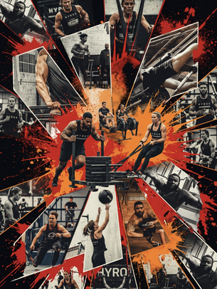 Collage of HYROX athletes racing, pushing sleds, rowing and climbing amid red-orange splashes on a black background.