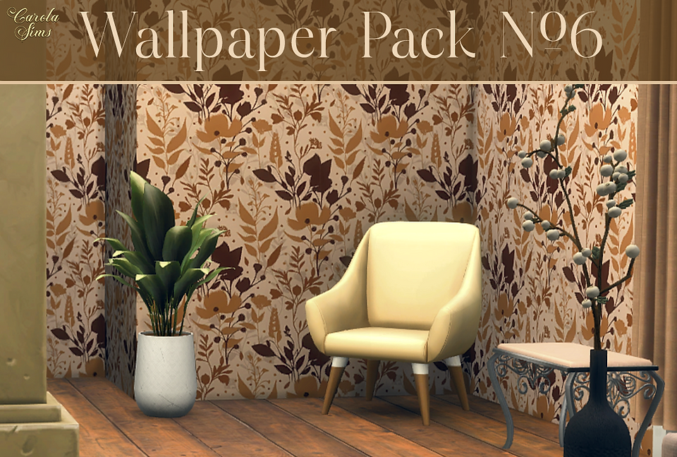CarolaSims' earthy-toned wallpaper in a cozy Sims 4 room with a cream chair, potted plants, and floral wallpaper. A small table and pillar complete the warm, inviting setting.