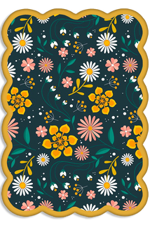 CarolaSims' yellow/green rug from the Happy Rugs collection featuring colorful floral pattern with daisies, pink and yellow flowers on a dark background. A yellow scalloped border adds a playful touch.