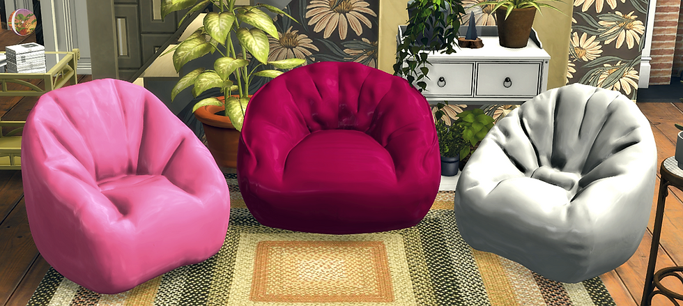 3 Beanbag seats CC in pink, dark magenta, and white colors from the set "Comfy Beanbag Set" by CarolaSims. An excellent choice of Sims 4 seating CC for simmers looking to add unique seating for their Sims 4 game. This 6-piece set offers a stunning, lovely selection of high quality, unique, and comfortable beanbags that blend playfully comfortable seating with modern aesthetic look. A must-have relaxing seating set composed of gorgeously made beanbags that'll significantly enhance your gameplay and building experience.