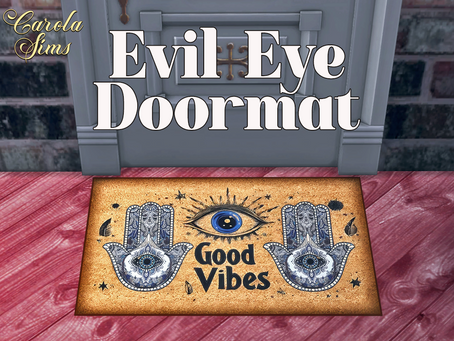 CarolaSims' Evil Eye Doormat with decorative hamsa hands and eye, text "Good Vibes" in black, on a red floor. Background features a gray door.