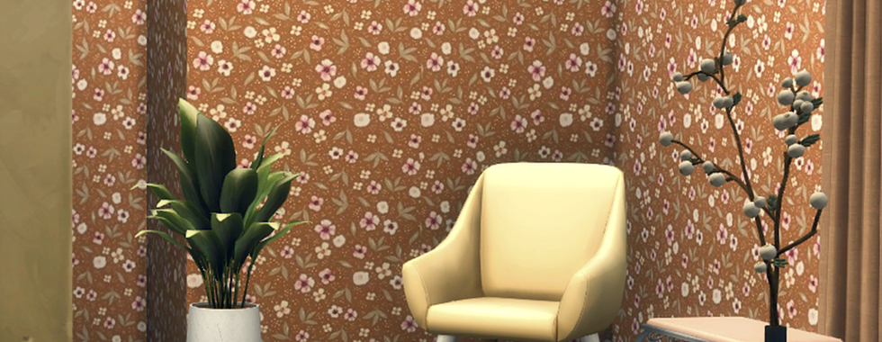 A cozy Sims 4 room, light yellow chair, potted plant, and a decorative vase on a table. A warm and inviting atmosphere enhanced by the earthy-toned nature wallpaper by CarolaSims.