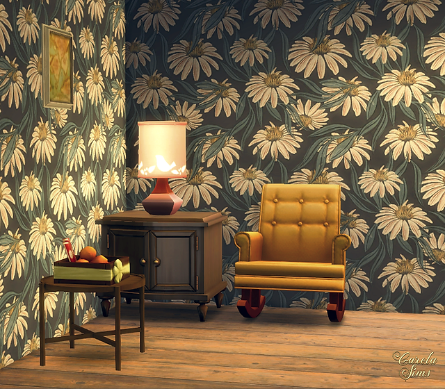 Cozy Sims 4 room with floral wallpaper by CarolaSims, an orange armchair, a lit lamp on a wooden table, and a fruit basket on a side table. Warm, inviting ambiance.