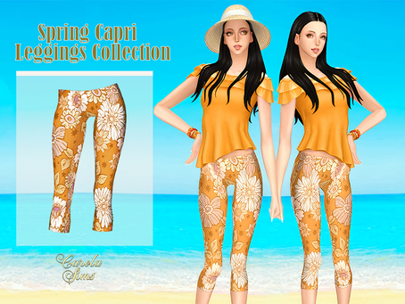 Two women in yellow tops and floral leggings pose on a beach. "Spring Capri Leggings Collection" text. Bright, sunny, beachside setting.