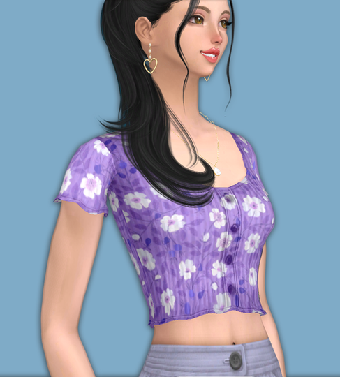 CarolaSims' modeling sim twin by  wearing a short-sleeve, ruffle-edged and pleated purple crop top from the "Top N5" set.