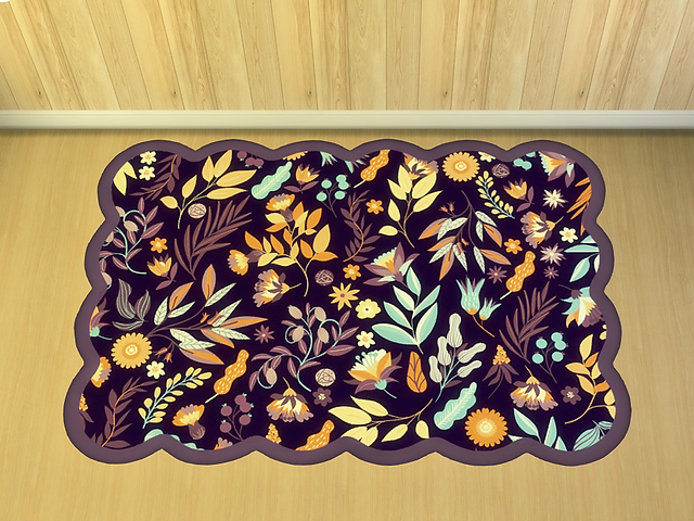 CarolaSims' dark purple rug placed on a wooden floor.