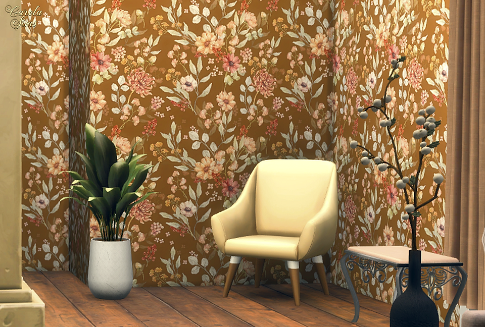Beige chair, flower vase, and plant in a cozy room with a vibrant brownish-orange floral wallpaper from the Wall Pack N6 by CarolaSims. Wooden floor and all the clutter create a warm, inviting atmosphere.