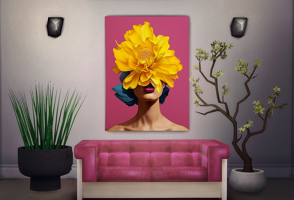 A Sims 4 room with indoor plants and CarolaSims' pink sofa from the furniture collection "Comfy Cloud Living Set." Above the sofa, one of CarolaSims' vibrant portraits from the wall paintings set "Petals 3" showing a woman with a large yellow flower on her head against a pink background.