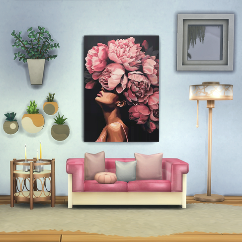 A paintings from CarolaSims' "Petals" collection showcasing a female face partially covered by blooming pink hydrangeas. Around the room are potted wall plants, candles on an accent table, tall lamp on the floor, and a pink sofa from the furniture set "Comfy Cloud Living Set" by CarolaSims. A white carpet complements the cozy decor.