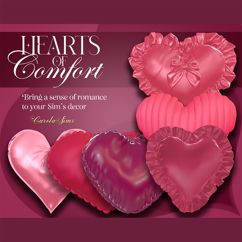 Hearts of Comfort set featuring various heart-shaped pillows in colors ranging from pink to light, mid and dark reds