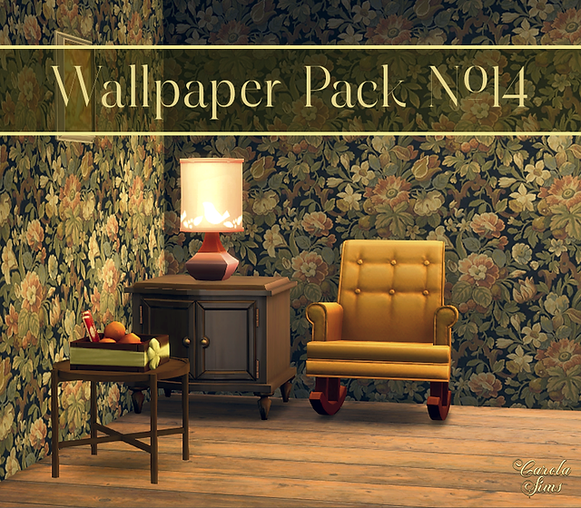 A vintage floral wallpaper by CarolaSims in a Sims 4 room with a yellow armchair, wooden table with fruits, lamp on a cabinet, warm lighting, "Wallpaper Pack No14" text.