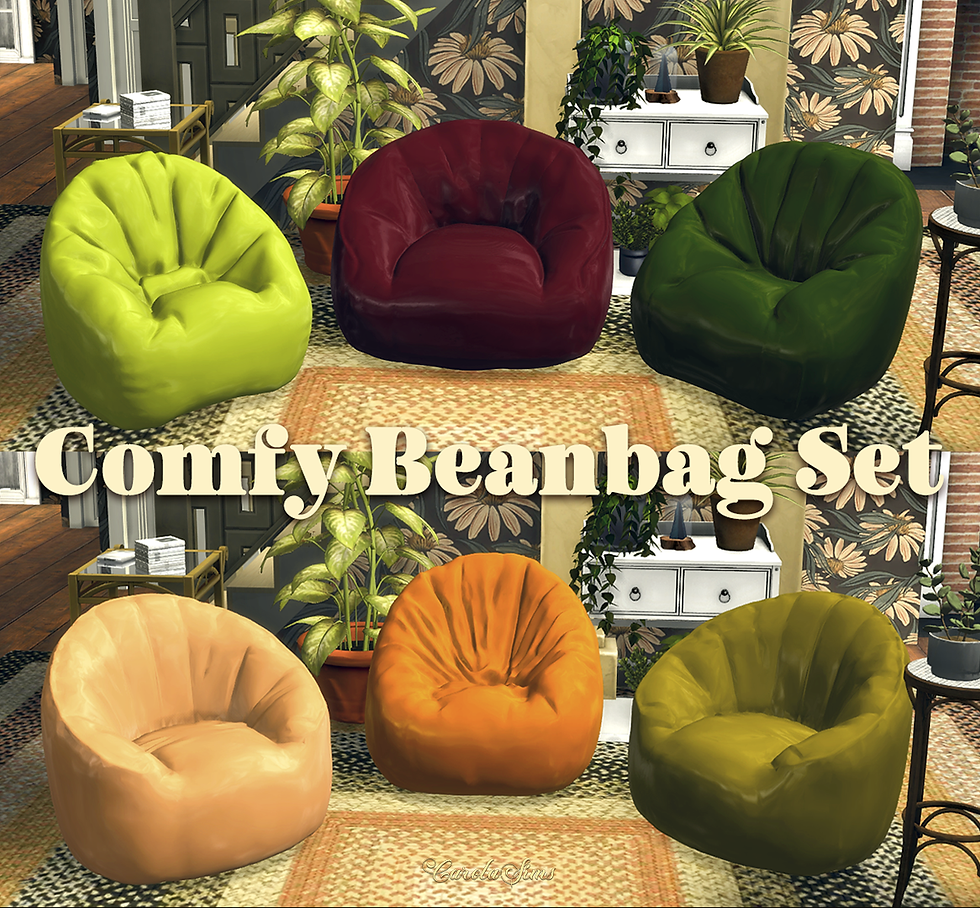 6 Beanbag seats CC in lime green, dark brown, dark green, khaki, orange, and olive-green colors from the set "Comfy Beanbag Set" by CarolaSims. An excellent choice for simmers looking to add unique seating for their Sims 4 game. This 6-piece set offers a stunning, lovely selection of high quality, unique, and comfortable beanbags that blend playfully comfortable seating with modern aesthetic look. A must-have relaxing seating set composed of gorgeously made beanbags that'll significantly enhance your gameplay and building experience.