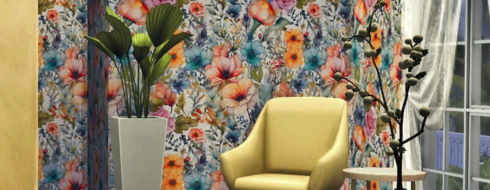 Light filters through sheer curtains, creating a cozy atmosphere in a Sims 4 room with a wooden floor, a yellow chair, some plants, all in a floral wallpapered room. Wallpaper cc by CarolaSims.