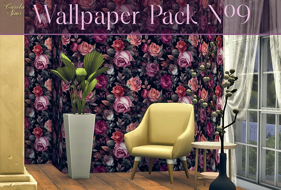 Floral wallpaper cc by CarolaSims in a stylish Sims 4 room with a window, yellow chair and plants   