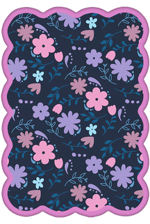 CarolaSims' purple rug from the Happy Rugs collection. Floral pattern with dark blue leaves and multicolored flowers in lavender, pink, and light purple on a dark background are showcased on the design. A pinkish scalloped border adds a playful touch.