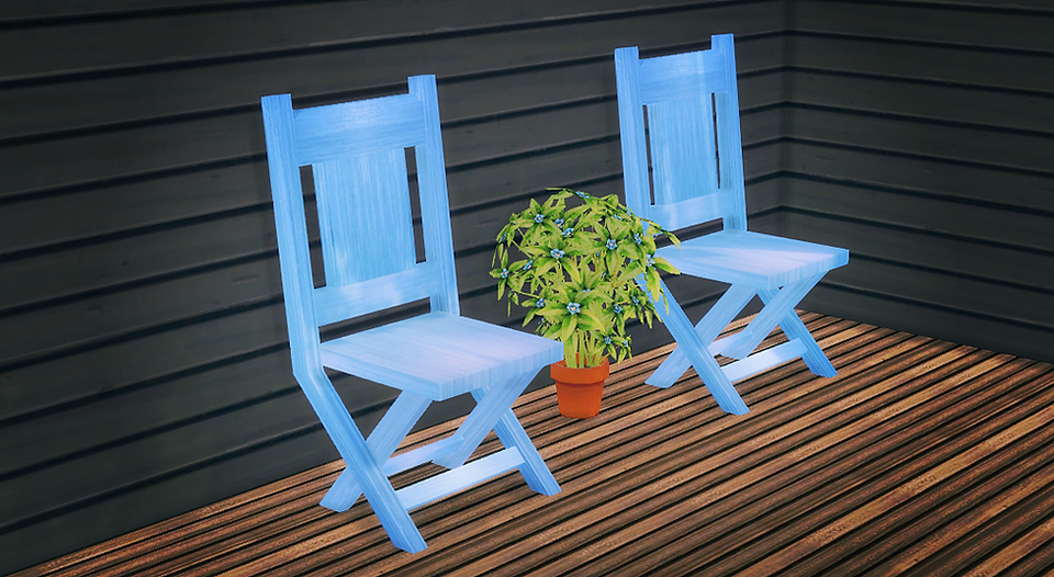 A set of CarolaSims’ sky blue Patio Chairs in a beautiful wood texture for your Sims 4' exteriors decor. Designed with care and crafted for realism, each CC chair features rich wood grains, natural tones, and high-quality textures that elevate any space — from balconies, porches to gardens and backyards. This versatile CC set includes multiple swatches and clean designs, making it perfect for a wide range of aesthetics: Scandinavian, boho, farmhouse, or contemporary. Whether you're building a cozy cottage or a sleek loft, these minimalist yet sophisticated wooden chairs bring depth, character, and authenticity to your game. A must-have for players who value both beauty and function in their Sims 4 custom content.