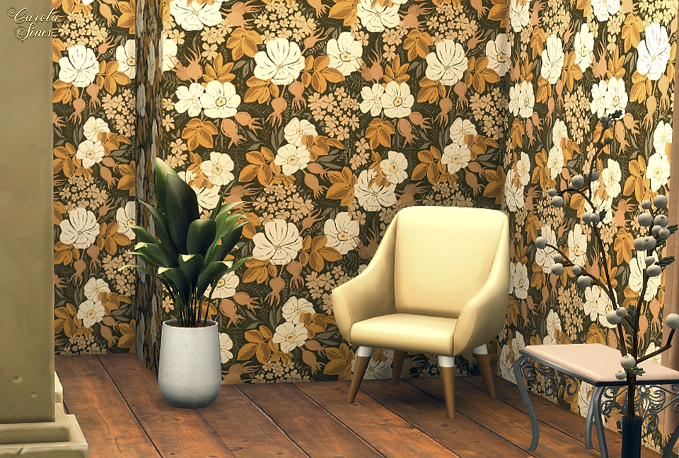 Decorative nature-inspired wallpaper from the set Wall Pack N3 by Carolasims. The wallpaper is used in a cozy, vintage Sims 4 setting. Around the room are a cream chair, a plant in a corner, a wooden floor and decorative twigs.