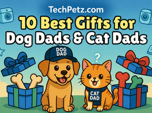 Cartoon dog and cartoon cat with presents and the words 10 best gifts for dog dads and cat dads in 2026