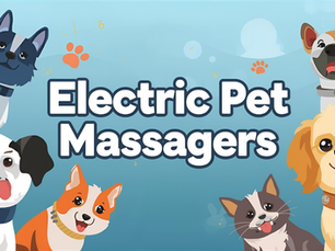 Cartoon like dogs and cats on a blue background with the words Electric Pet Massagers.