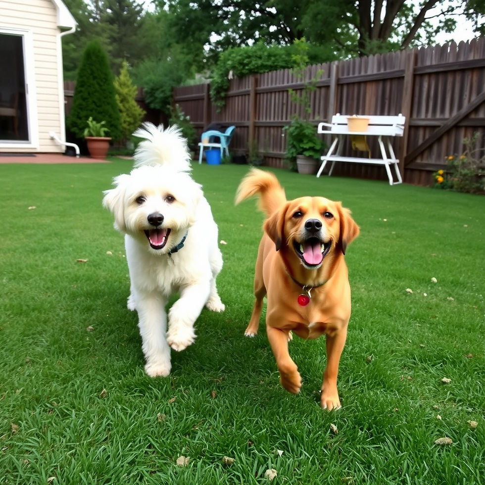 Two medium-sized dogs playing in a backyard