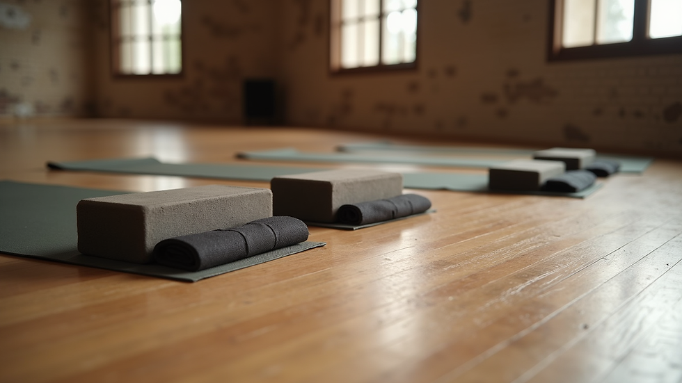 Close-up view of yoga props including blocks and straps on a wooden floor in a Texas studio