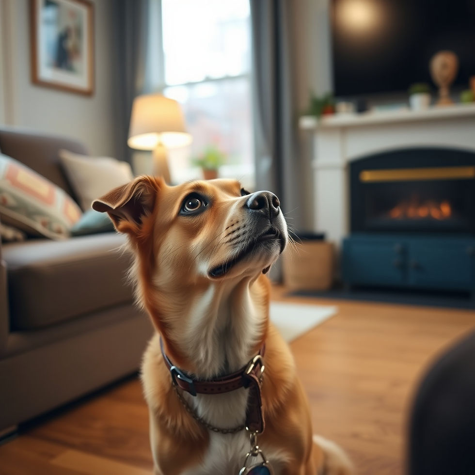 Cute curious dog sitting in the living room on a wood floor