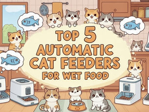 Cartoon cats and cartoon feeders with the words top 5 automatic cat feeders for wet food
