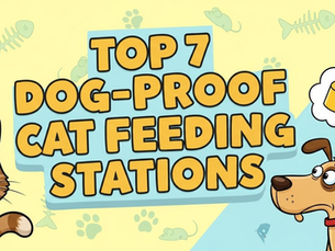Cartoon cat and dog with the words top 7 dog-proof cat feeding stations