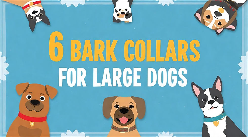 Six cartoon dogs on a blue background with the words 6 Bark Collars for Large Dogs in the center