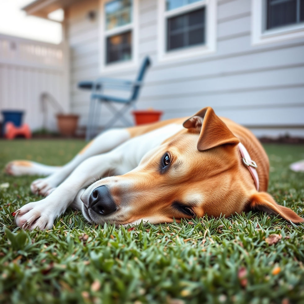 Big orange and white dog with floppy ears lying down on grass in a  backyard.
