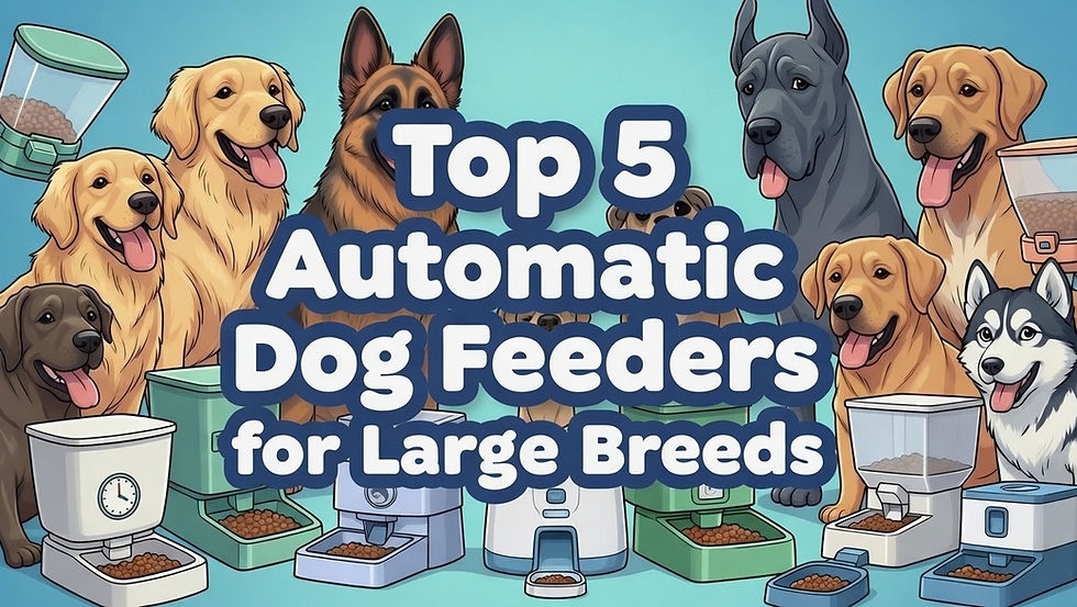 Large cartoon dogs and cartoon feeders with the words top 5 automatic dog feeders for large breeds