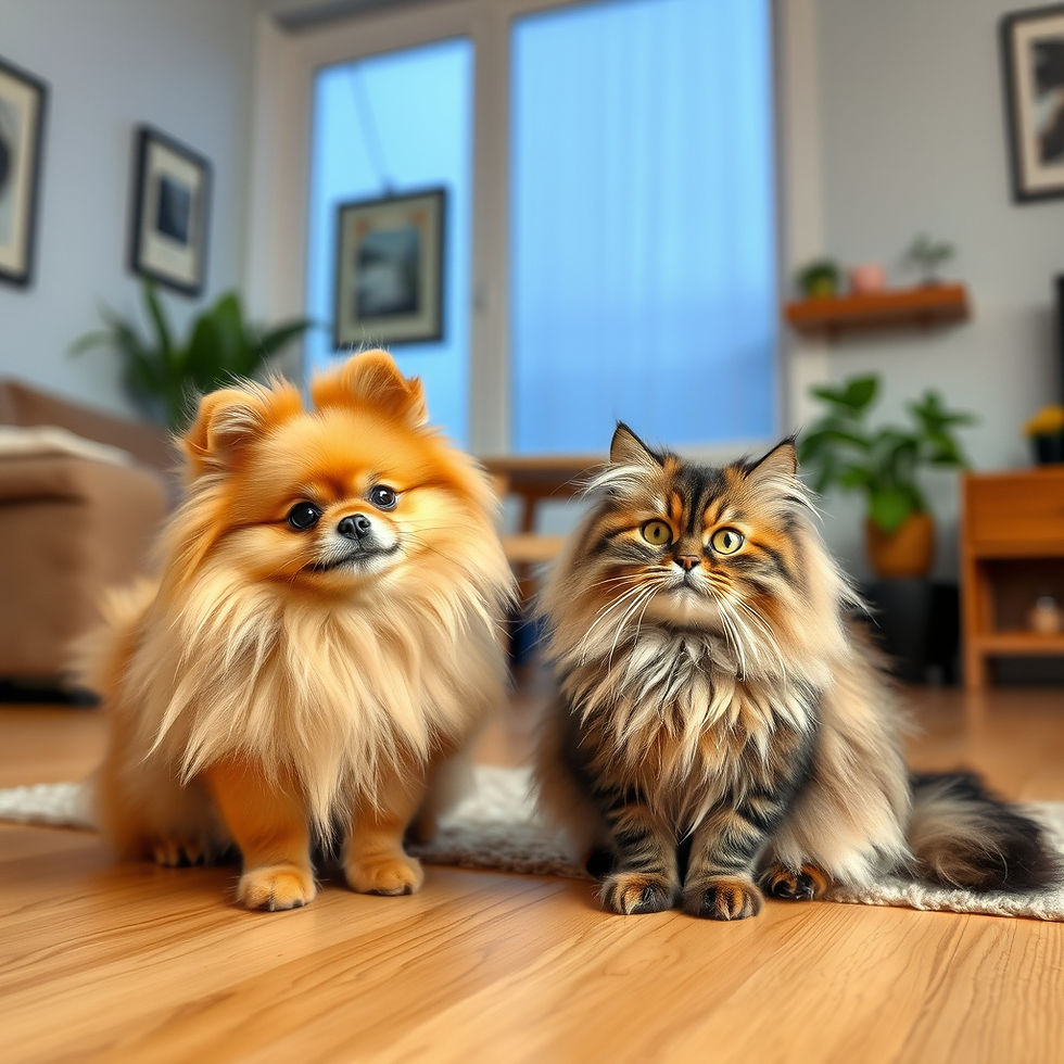Small Pomeranian and hairy cat in a living room