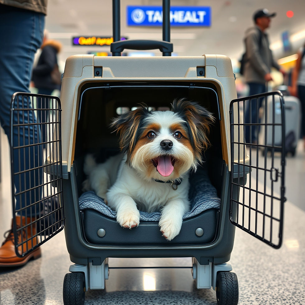 Cute dog in pet carrier with wheels at the airport