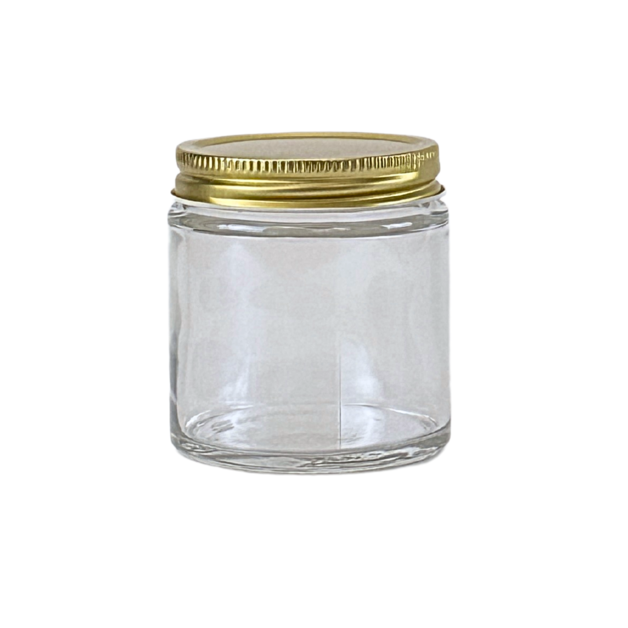4 oz. Clear Glass 58-400 Straight Sided Jar with Gold Metal Lid / Plastisol